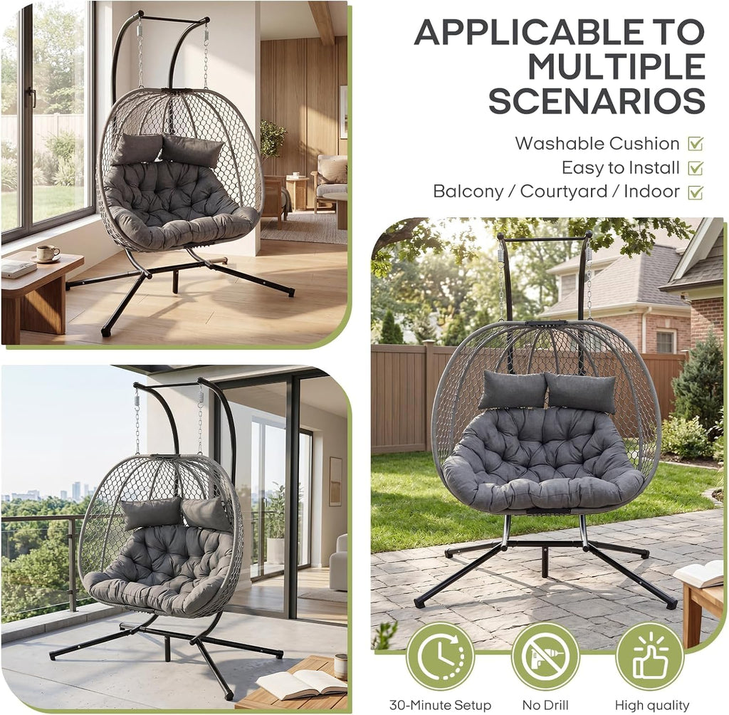 Double Egg Chair with Stand for 2 Persons, Oversized Patio Hanging Basket Chair, Honeycomb Wicker Swing Chair with