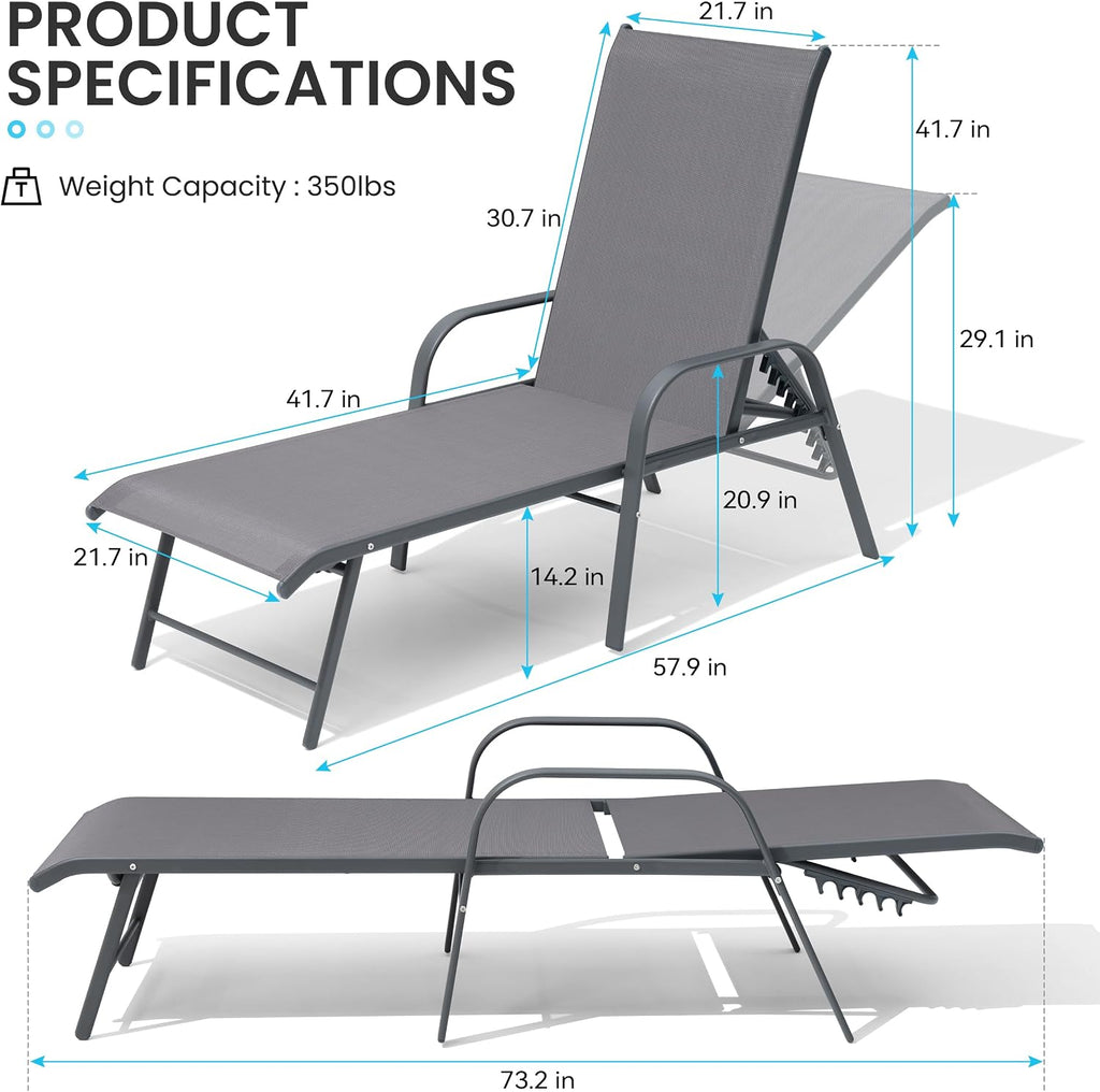 Chaise Lounge Outdoor, Aluminum Pool Lounge Chairs Set of 2 (Gray) | 5-Position Adjustable Backrest with Armrests
