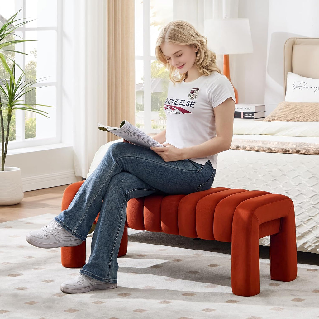 43.3" Bedroom Bench, Upholstered Entryway Bench, Modern End of Bed Ottoman with Solid Wood Legs and Adjustable Foot