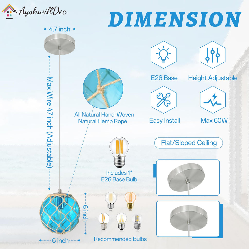 6" Blue Coastal Pendant Light Kitchen Island, Glass Globe Ocean Ceiling Light Fixture Beach House, Dimmable Hemp Rope