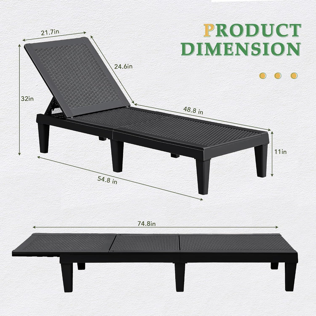 Patio Chaise Lounge Chair Set of 2 Outdoor PE Waterproof Adjustable Easy Assembly Lounge Chairs for Outside Pool