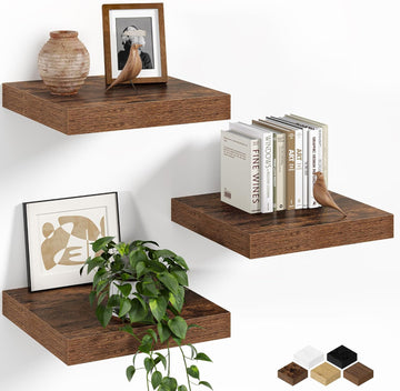 Floating Shelves for Wall, 12 Inch Set of 3 Rustic Wood Wall Shelves with Invisible Brackets, Heavy Duty Storage
