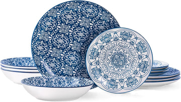 Porcelain Dinnerware Sets Service for 4, 12 pcs Hand drawn Plates and Bowls Sets, Handmade Ceramic Dish Set