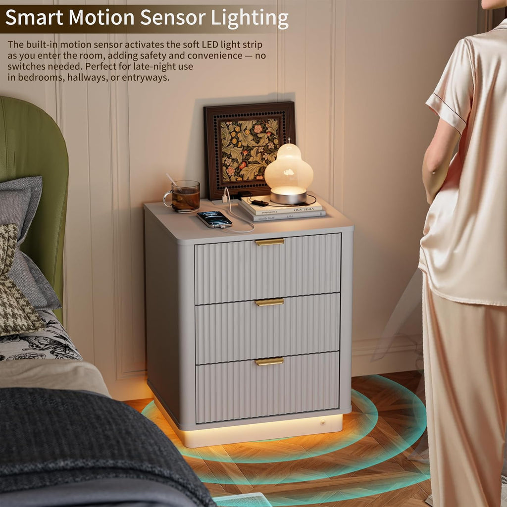 Led Fluted Nightstand, Smart Curved Night Stand with Charging Station Lighting, Wood End Table with 3 Drawers, Modern