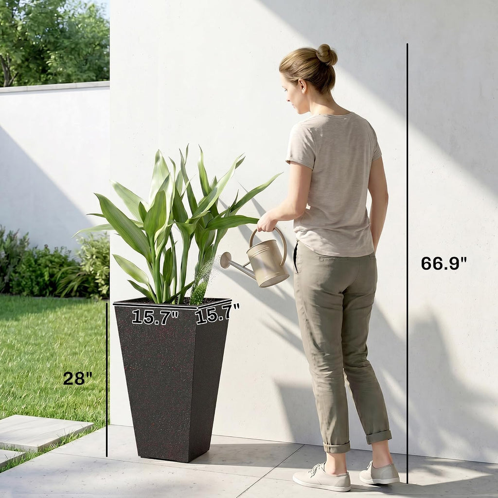 28 Inch Tall Planters for Outdoor Plants Set of 3, Brown | Marble Finish, Drainage Holes, Stackable Tapered Design