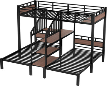 Twin Over Twin Over Twin Bunk Bed with Shelf and Storage Stairs
