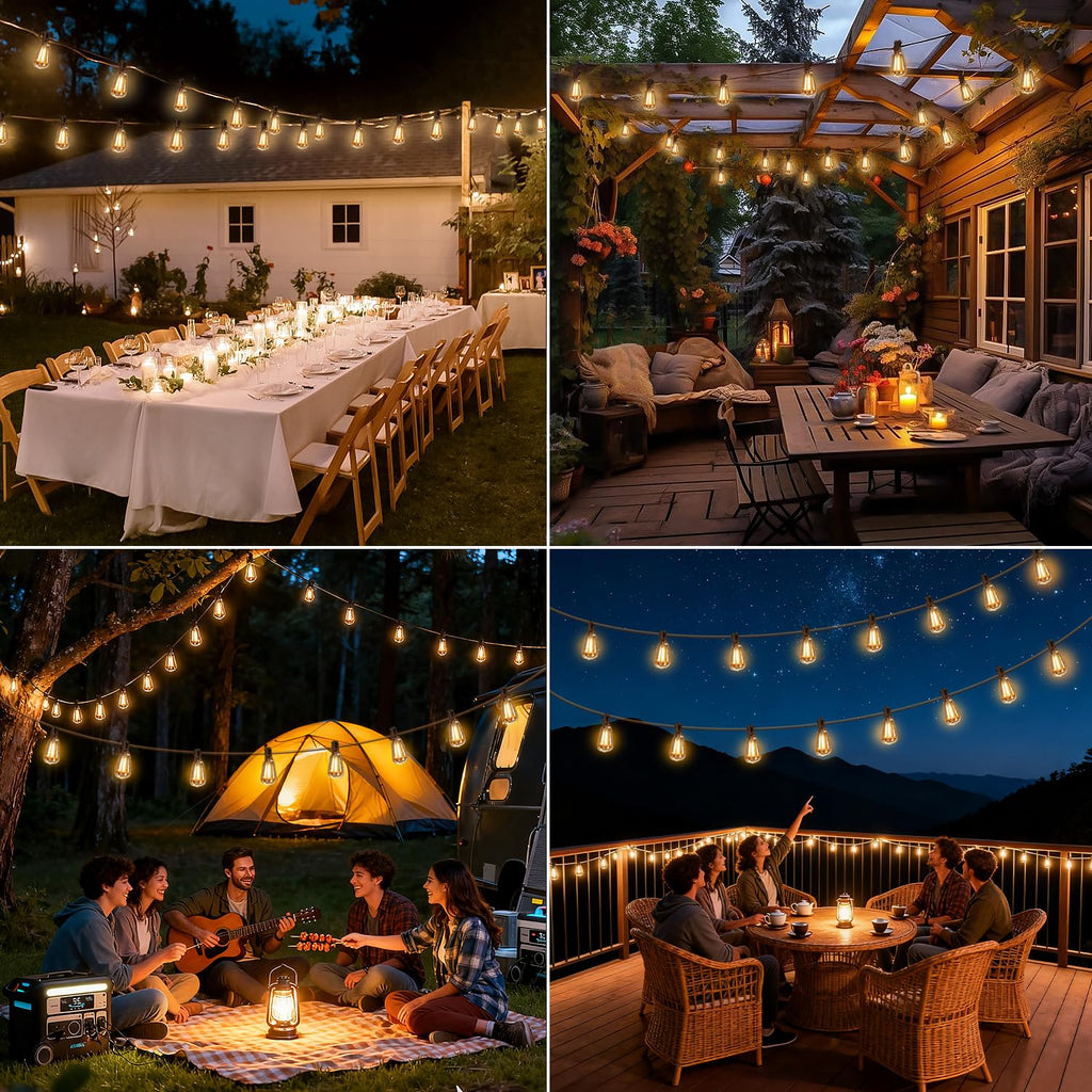 Solar String Lights Outdoor Waterproof with Remote & Timer, LED Shatterproof ST38 Bulbs, USB & Solar Powered