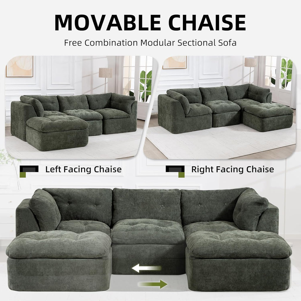 Tufted Cushions Cloud Sectional Boneless Sectional Sofa with Movable Ottoman, 112" Oversized Modular Convertible L