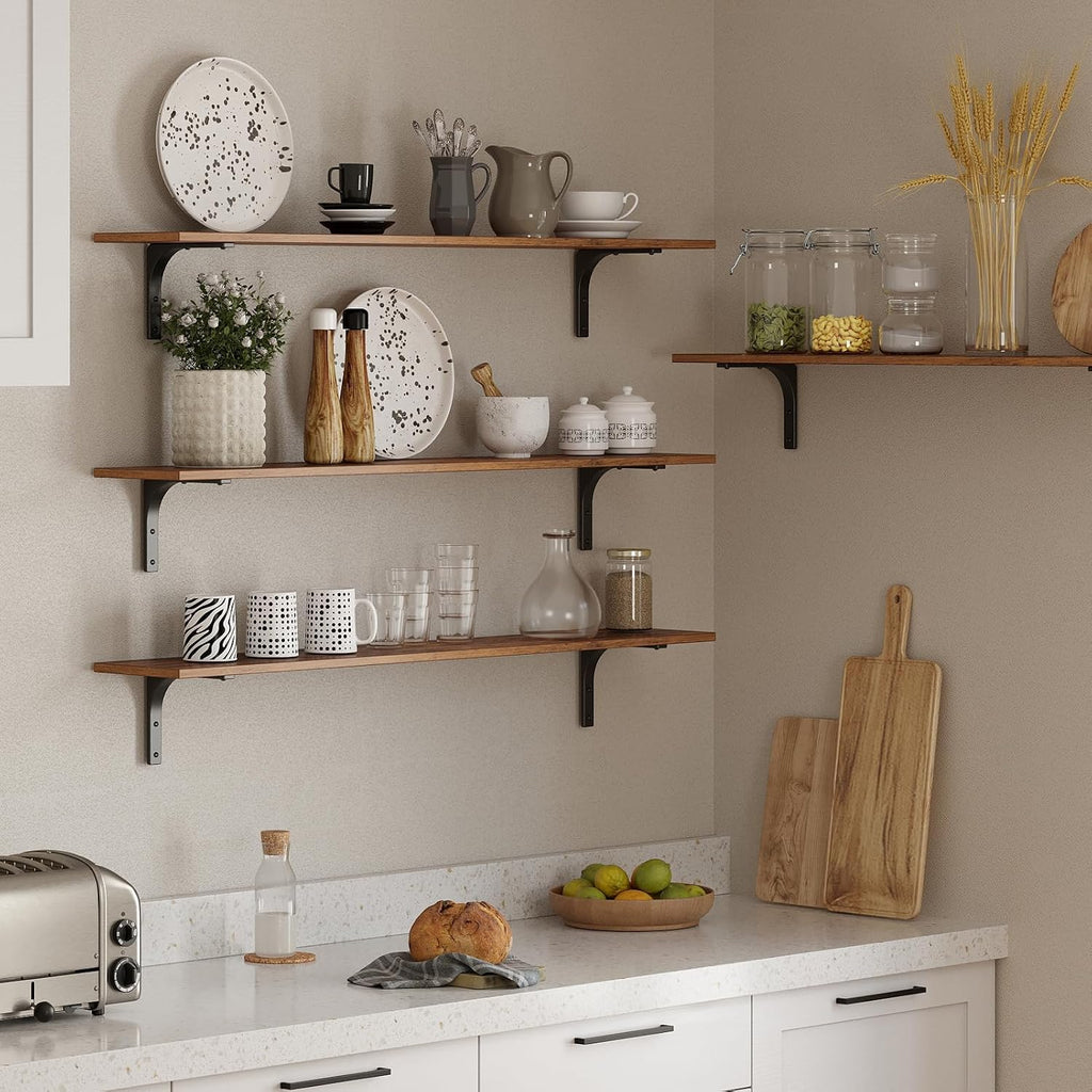 Long Wall Shelves, 55.1Inch Wooden Wall Mounted Shelves, Set of 2 | Large Floating Book Shelf, Metal Brackets, Easy
