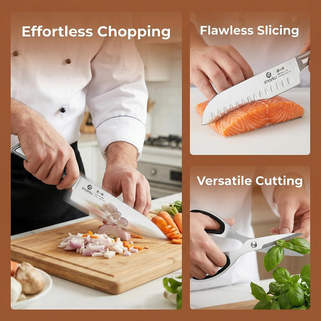 High Carbon Stainless Steel Gyutou Knife Set with Block, Precision-Forged Razor Sharp 10-15° Edge, Ergonomic Non-Slip