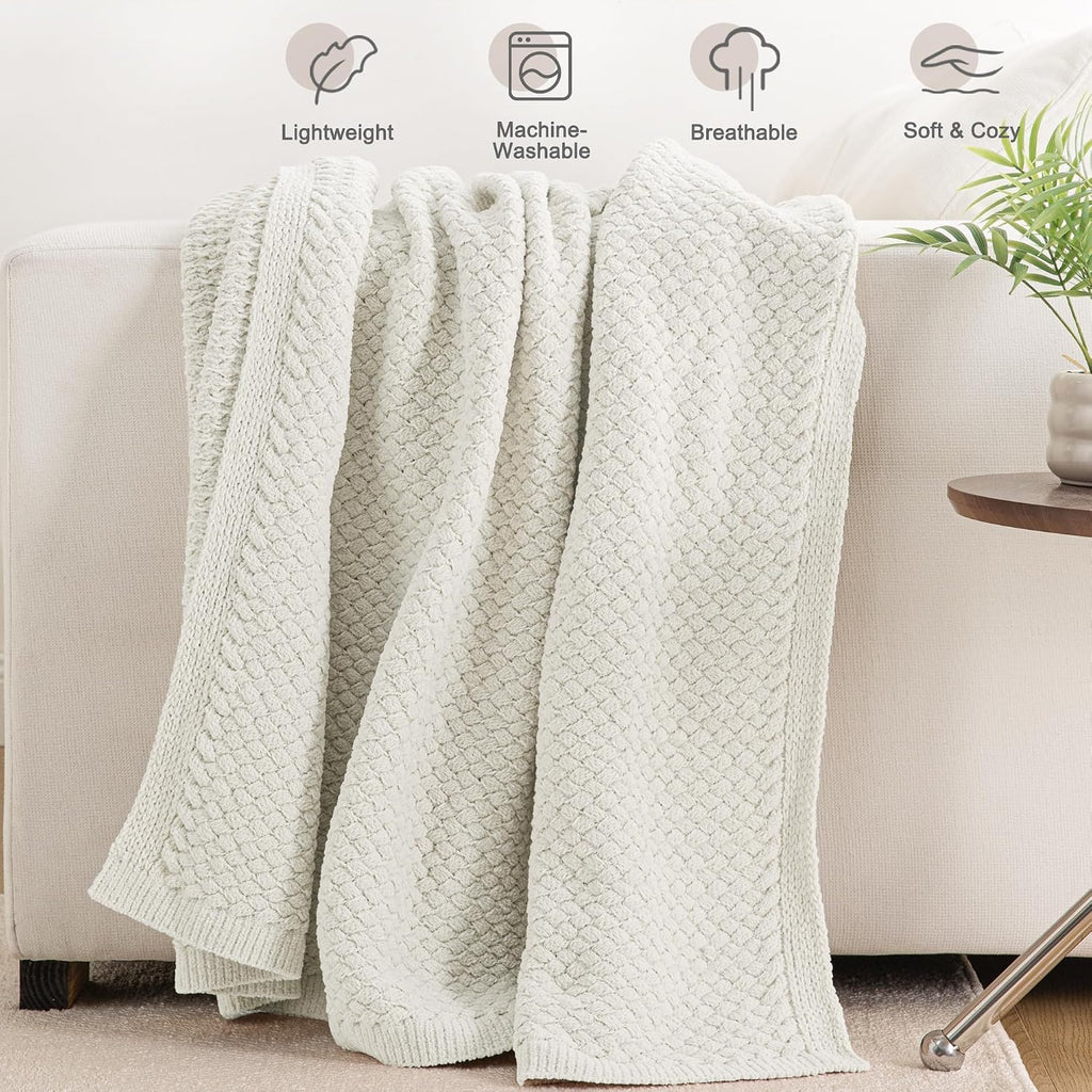 Chunky Chenille Knit Throw Blanket, Lightweight Breathable Summer Throws, Luxe Soft Fuzzy Cozy Basket Woven Stitch