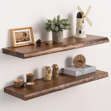 32 Inch Floating Wall Shelves Solid Elm Wood Set of 2 | Vintage Live Edge Wood Grain, Heavy Duty Hidden Brackets