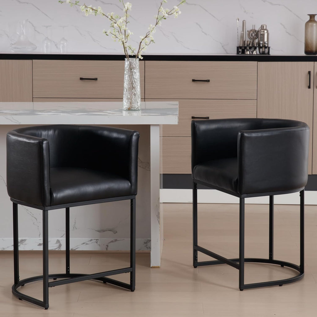 PU Leather Bar Stools Set of 2, Modern Upholstered Counter Height Bar stools 24" Leather Barstools Barrel