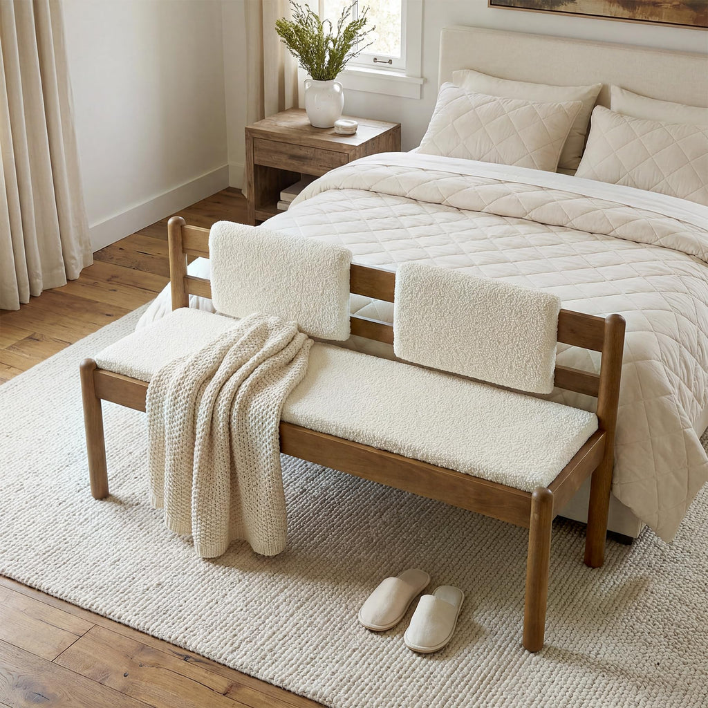 Solid Wood Entryway Bench, 49" Dining Bench with Back, Wood Settee Bench with Upholstered Seat, Farmhouse Bedroom