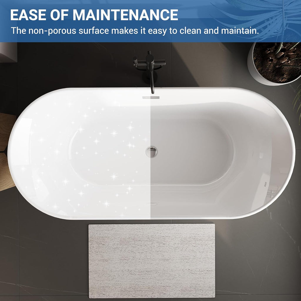 Freestanding Bathtub 59 inch Acrylic White Oval Soaking Tub with Push Drain, Compact Modern Bath for Bathroom
