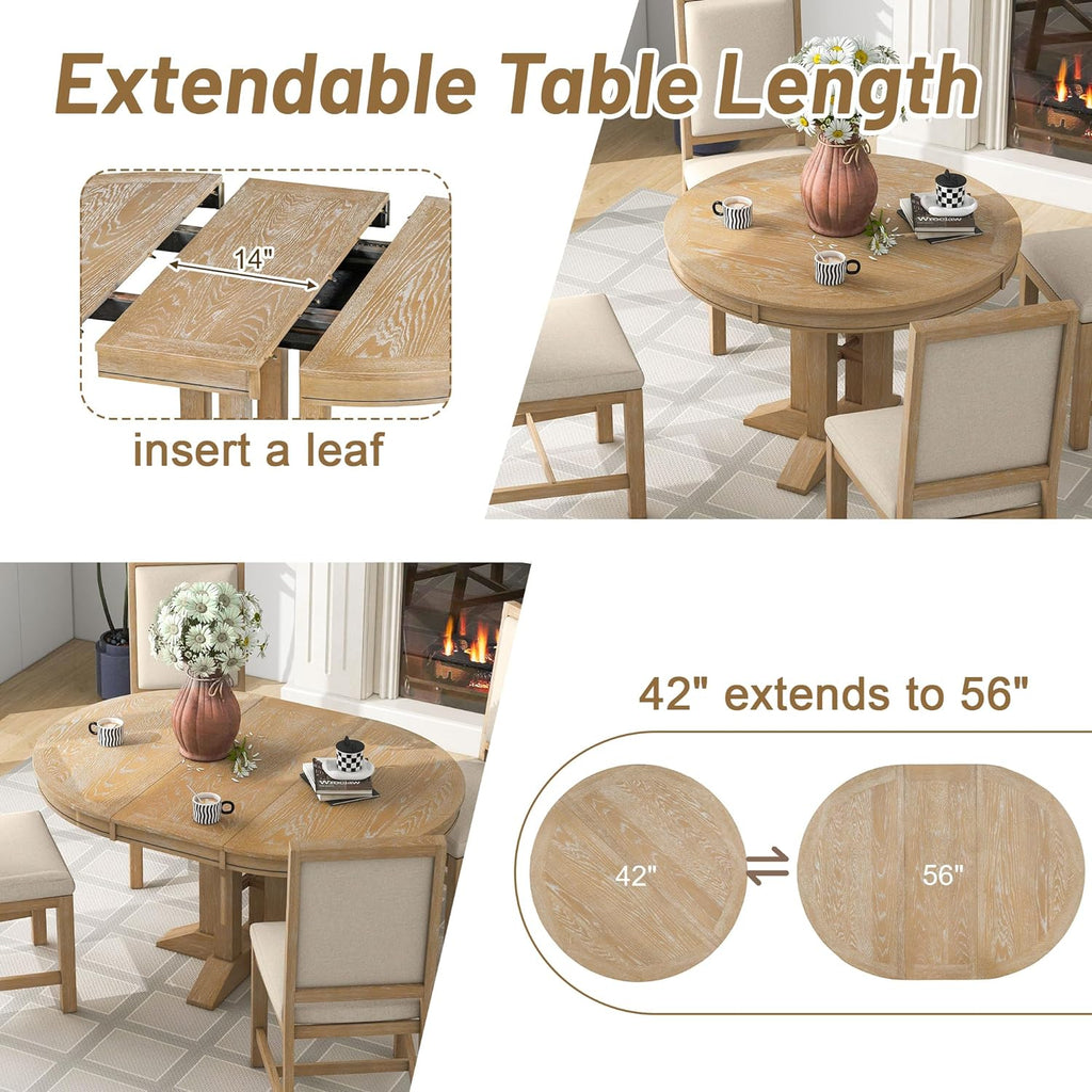 Farmhouse Expandable Round Dining Table, 42 to 56 Inch Vintage Solid Wood Kitchen Table with Removable Oval Leaf