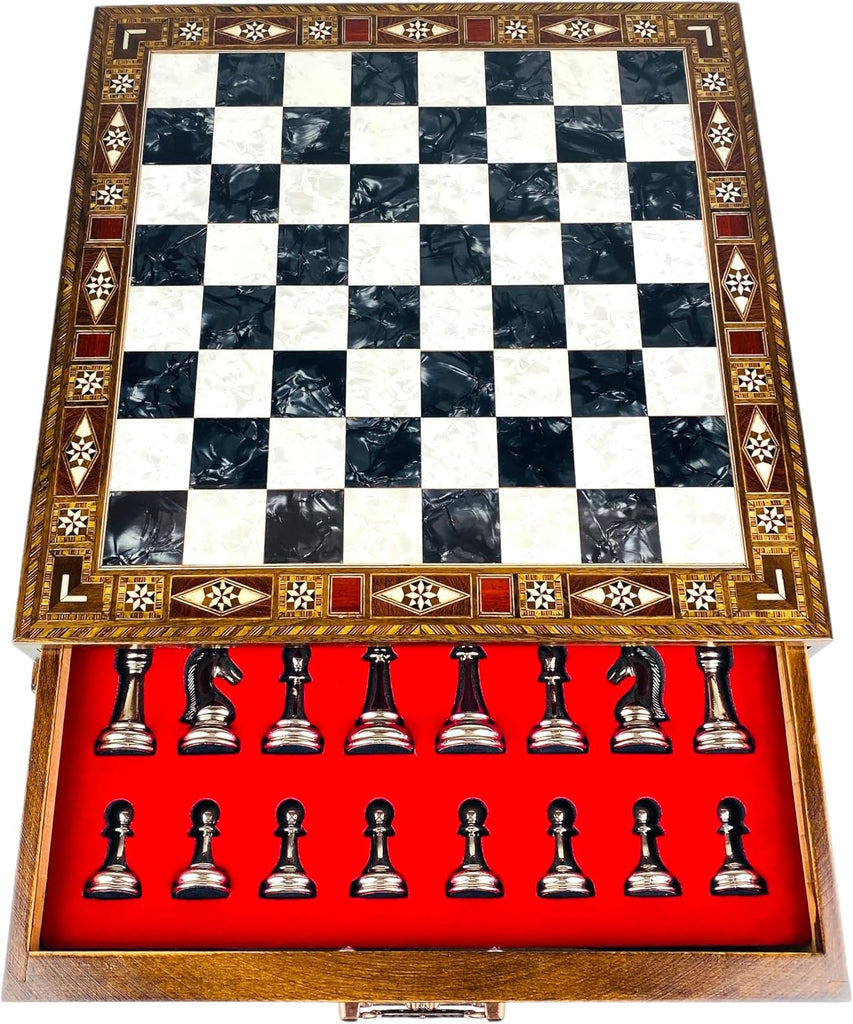 Premium Large Size Classic Chess Set with Metal Chessmen (Black Chess Board and Bronze&Silver Chess Pieces)