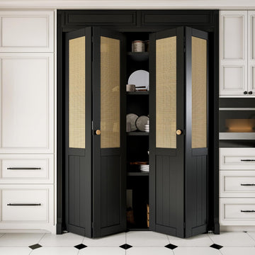 60'' x 80" Rattan Bifold Closet Door, Cane Webbing Wood Interior Door Slab, Build Quality Black Folding Barn Doors