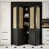 60'' x 80" Rattan Bifold Closet Door, Cane Webbing Wood Interior Door Slab, Build Quality Black Fold