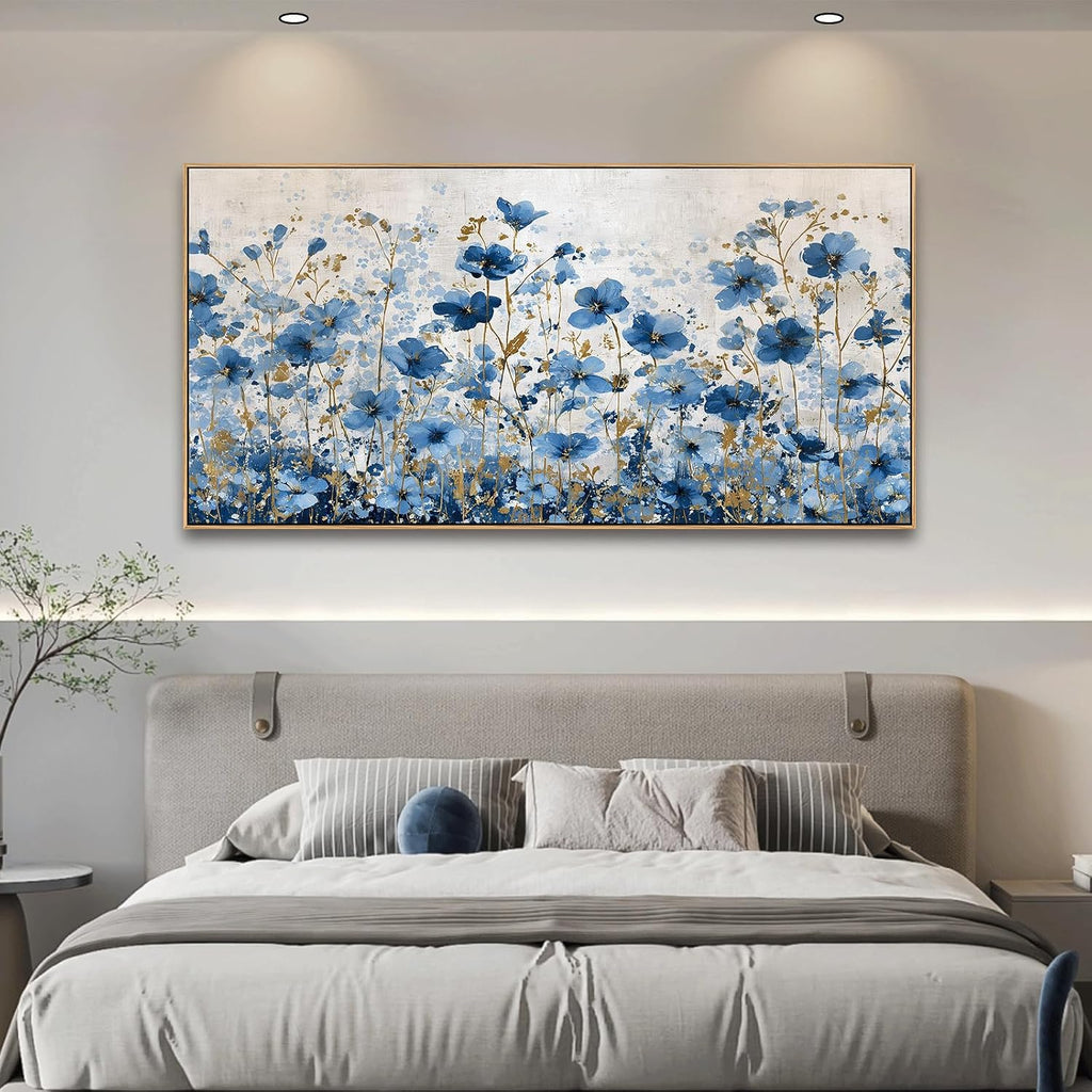 Floral Canvas Wall Art Blue & Gold Framed Flower Print Ready to Hang Modern Boho Decor Bedroom Dining Room