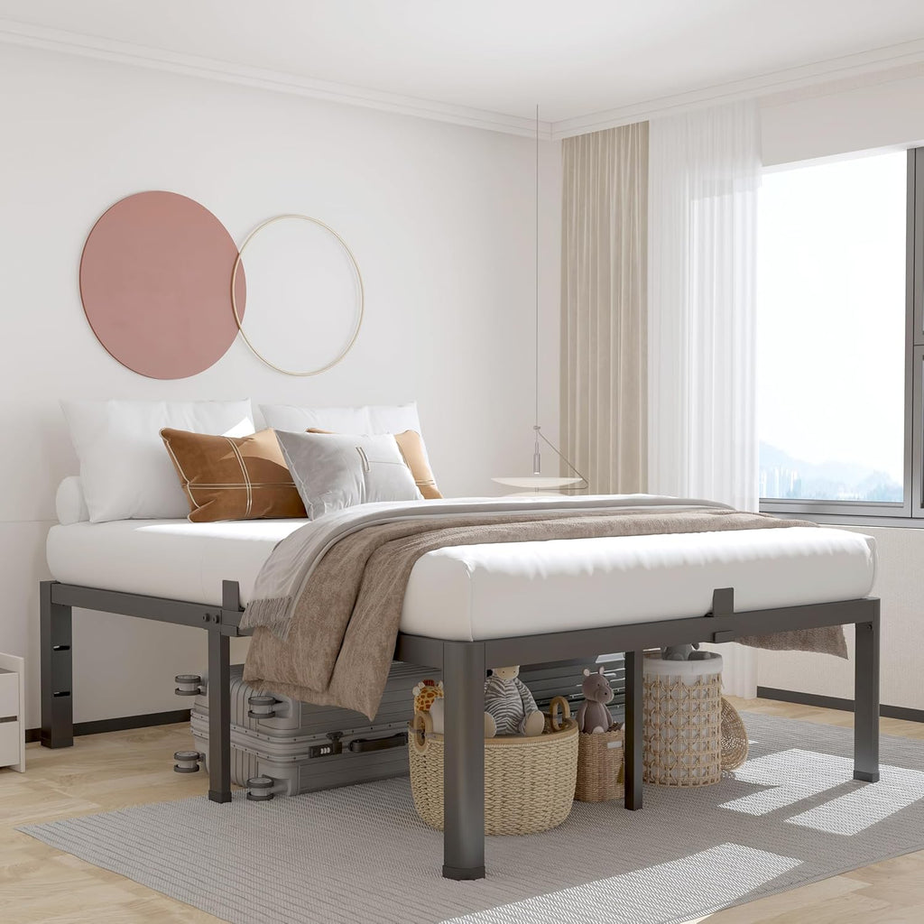 18 Inch Queen Bed Frame with Rounded Corner and Headboard Hole Mattress Retainers 3500LBS Metal Heavy Duty Steel Slats