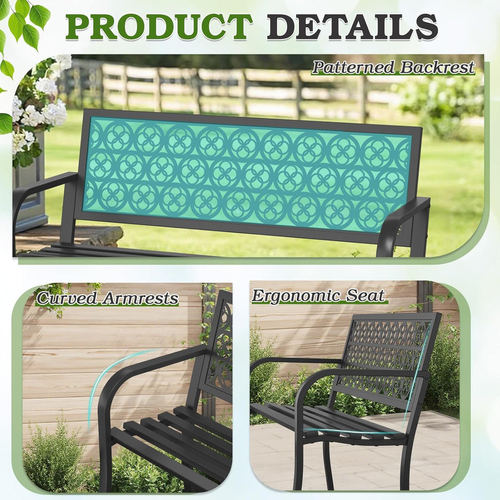44" Outdoor Garden Bench, Iron Metal Frame Patio Bench with Backrest and Armrests, Weatherproof Anti-Rust Outdoor