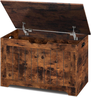 Storage Chest, 30 inches Chest Box Organizer with 2 Safety Hinges, Wooden Entryway Storage Bench, Rustic Brown