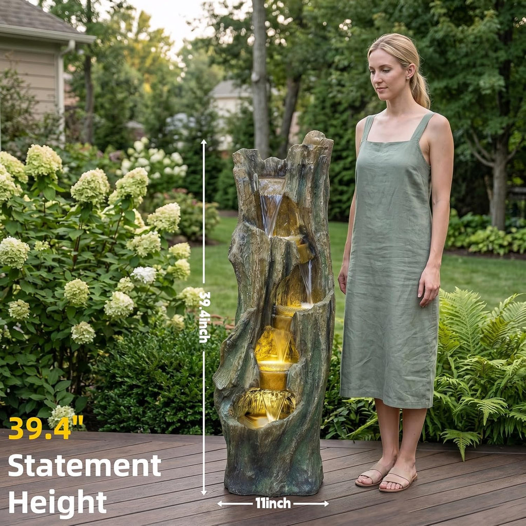 Outdoor Waterfall Fountain 39.4in Tall, Tree Design Garden Fountain with LED Lights