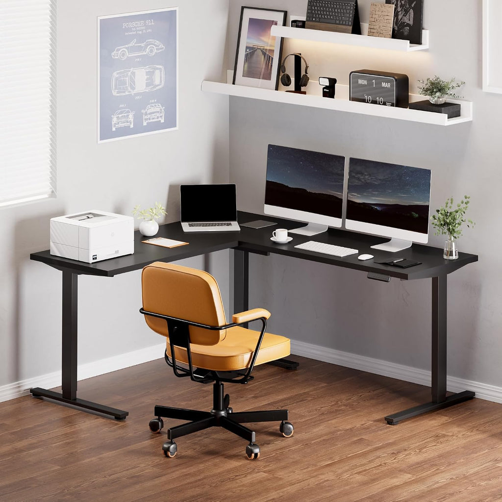 71 x 63 Reversible L-Shaped Corner Standing Desk, Black | Height Adjustable, Large Workspace, Anti-Collision, Memory