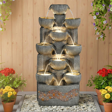 Modern 39.5" Tall Outdoor Water Fountain, Large 10-Tier Cascading Bowls Waterfall Fountain with LED Lights