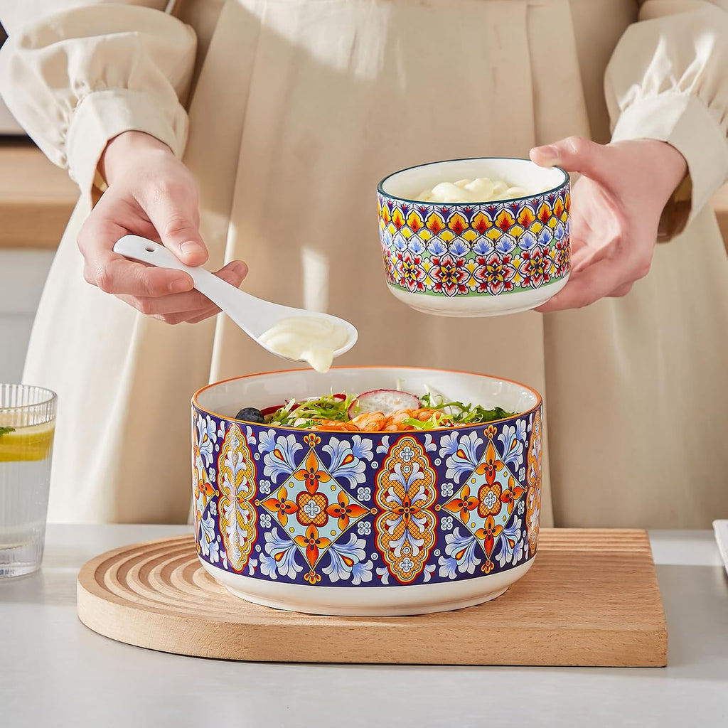 Serving Bowls with Lids, Ceramic Mixing Bowls Set of 4, Boho | Nesting Bowls for Food Storage, Prep, Stackable