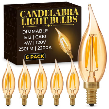 E12 Amber Light Bulbs 40 Watt Equivalent, 6 Pack, 4W 2200K for Candelabra