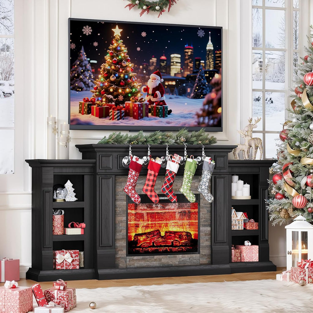 72" Electric Fireplace with Mantel, Fireplace TV Stand for TVs Up to 80 Inch, Modern Entertainment Center with Storage, Realistic 3D Flame Effect and Stacked Stone Surround Design for Living Room