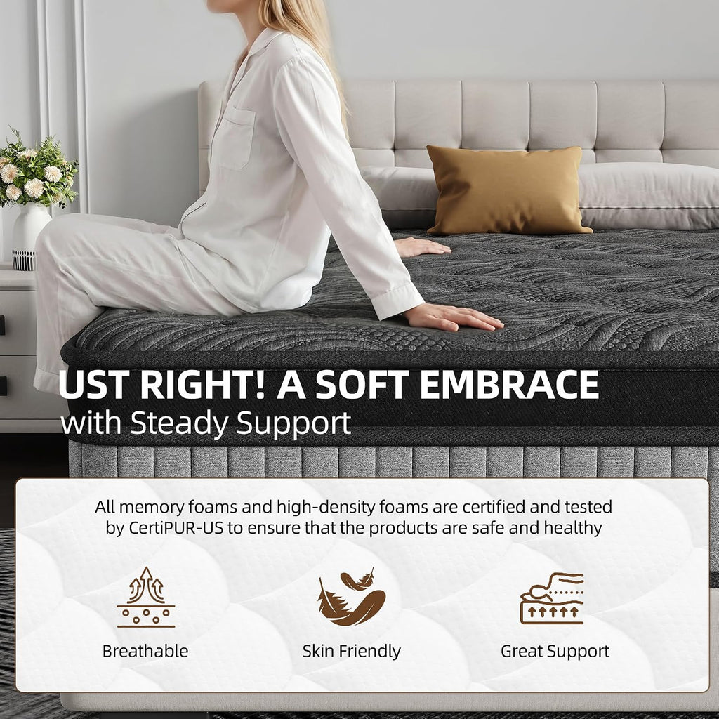 King Size 12 Inch Hybrid Mattress in a Box, Medium Firm Black and Gray Fabric Cover with Pocket Spring and Memory