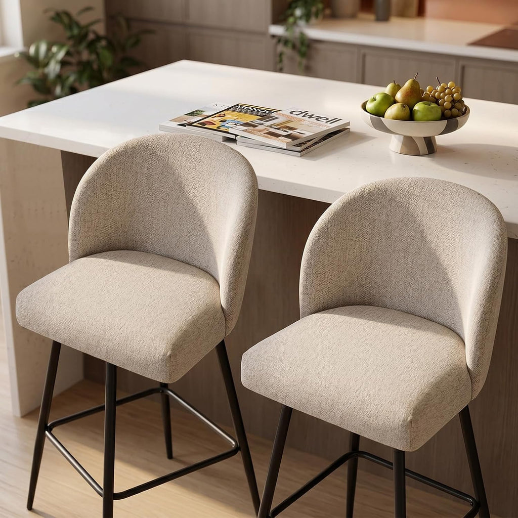 Counter Height Bar Stools Set of 2, 360° Swivel Upholstered Barstools with Backs and Metal Legs, 26" H Seat Height
