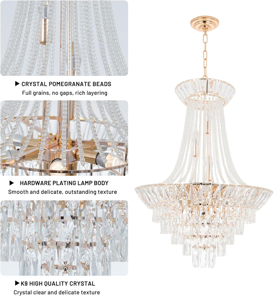 Luxury Crystal Chandelier, 24 inch Modern Gold French Empire Crystal Ceiling Chandelier Lighting Fixture Lamp High Ceiling Hanging Light Home Decor Lamp for Living Room Bedroom Foyer