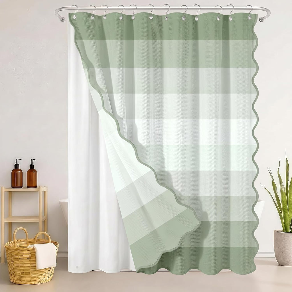 Scalloped Shower Curtain with PEVA Liner Set, Sage Green Striped Modern 3 in 1 Heavy Duty Waffle Weave Waterproof