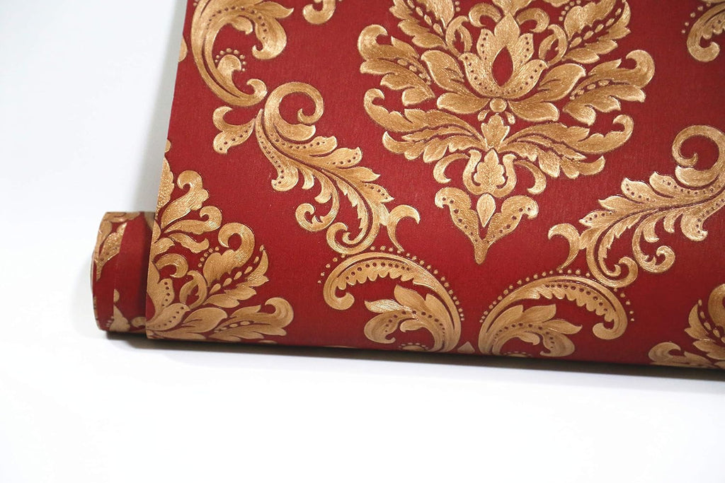 Red Damasks Flocking Embossed Textured Wallpaper Roll Bedroom, 20.8 In32.8 Ft=57 Sq ft Per Roll, Gold/Red