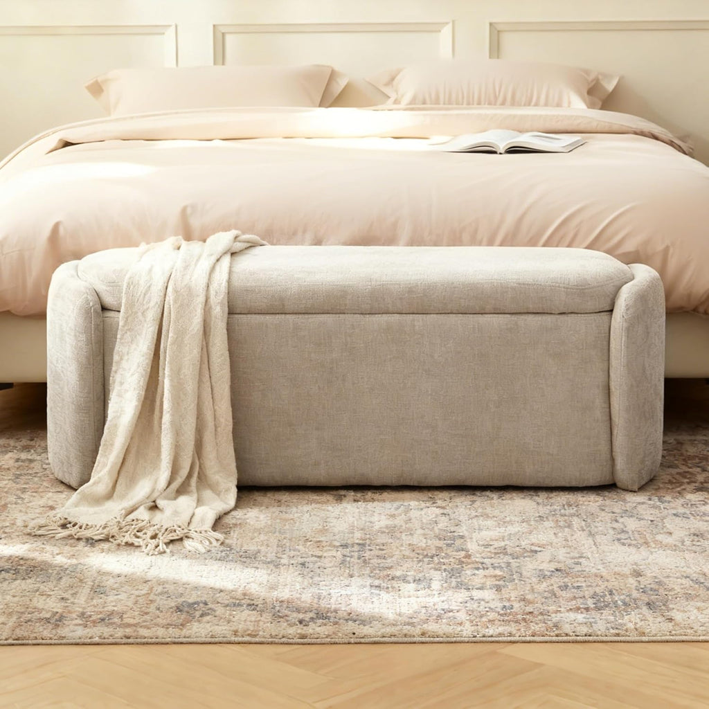 Storage Bench, Upholstered Storage Ottoman Bench with Hinge, Khaki | Ottoman Bench with Large Capacity, Curved Frame