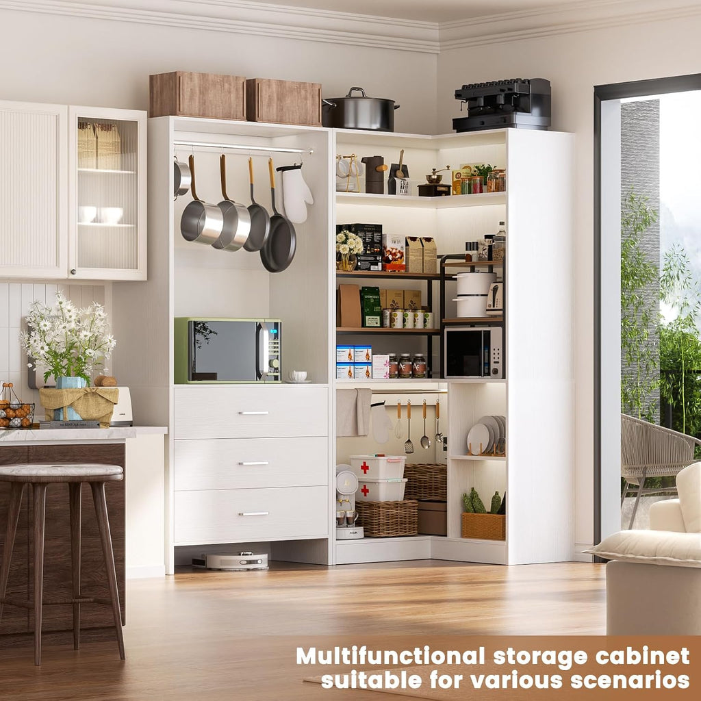 Closet System with 3 Drawers, 2 Hanging Rods & Corner Tower, Corner Closets System with Hanging, L-Shaped Walk-In