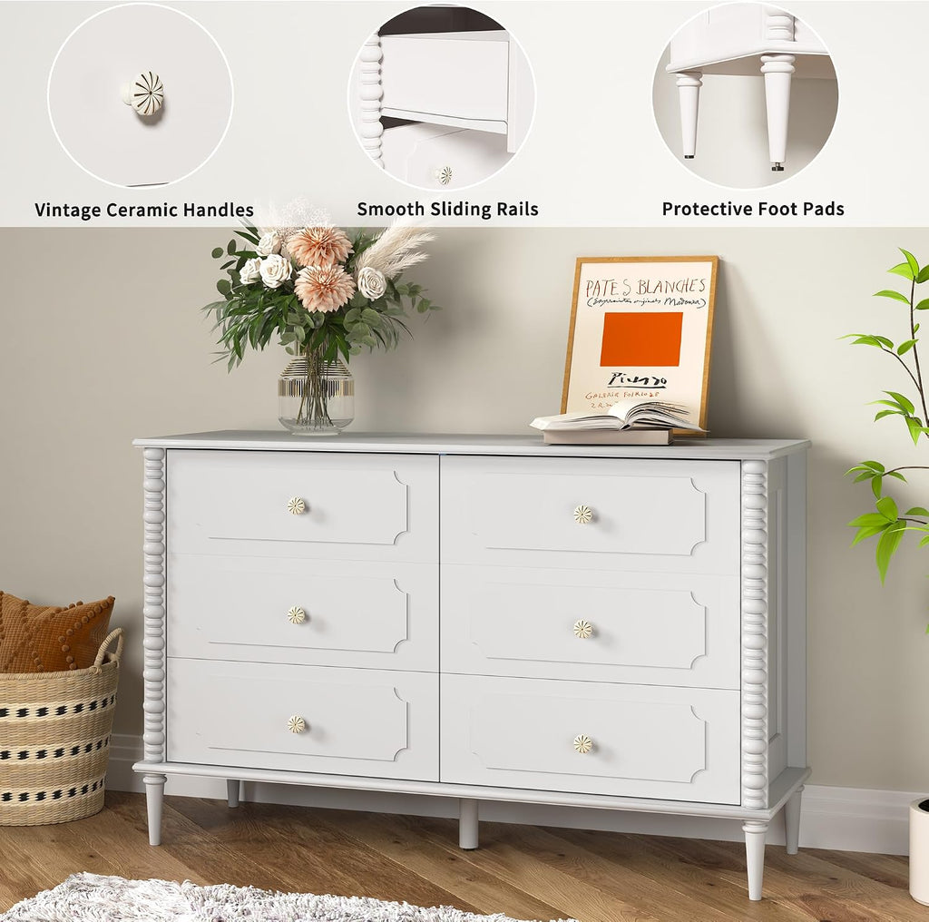 White 6 Drawer Dresser , 47" Wide Chest of Drawers with Turned Legs and Ceramic Knobs, Double Dresser, Wood Drawer