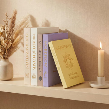 Decorative Books Set of 5 with Hidden Storage & Magnetic Closure - Oxford Linen Faux Books with Gold Foil Embossing |