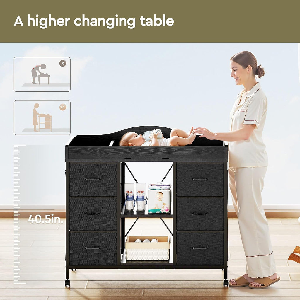 Changing Table, 6-Drawer Dresser, Adjustable Shelves, Mobile, Black | Changing Table,Waterproof Diaper pad & Safety