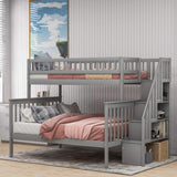 Twin Over Full Bunk Bed with Stairs, Wood Bed Frame with Storage Space and Guard Rail for Bedroom, Dorm, for Teens