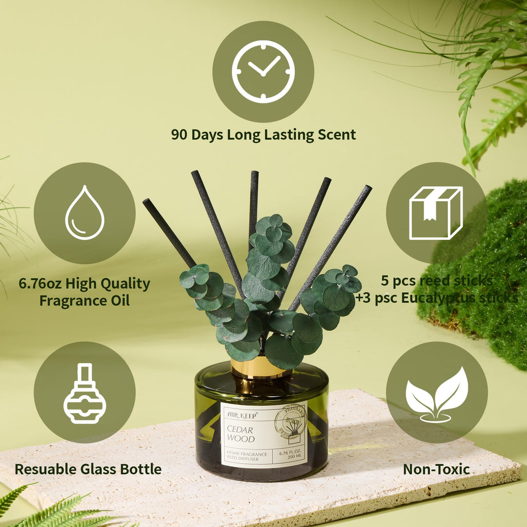 Reed Diffuser Set with 6.76 fl oz Cedar Wood Scent Essential Oils and 3 Leaves & 8 Diffuser Sticks, Bathroom Shelf
