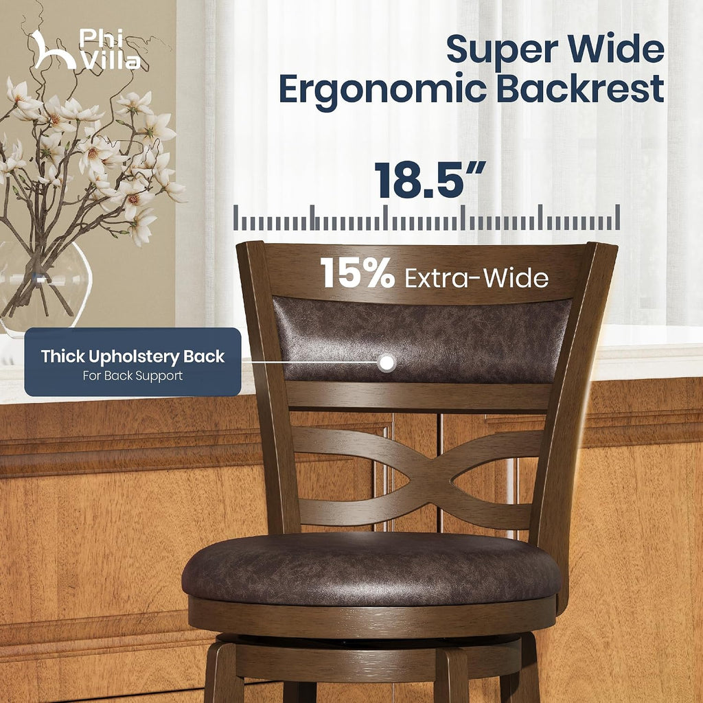30 inch Bar Height Stools Set of 4, Swivel Bar Stools with Back, Wooden Bar Chairs Tall Faux Leather Kitchen Stools