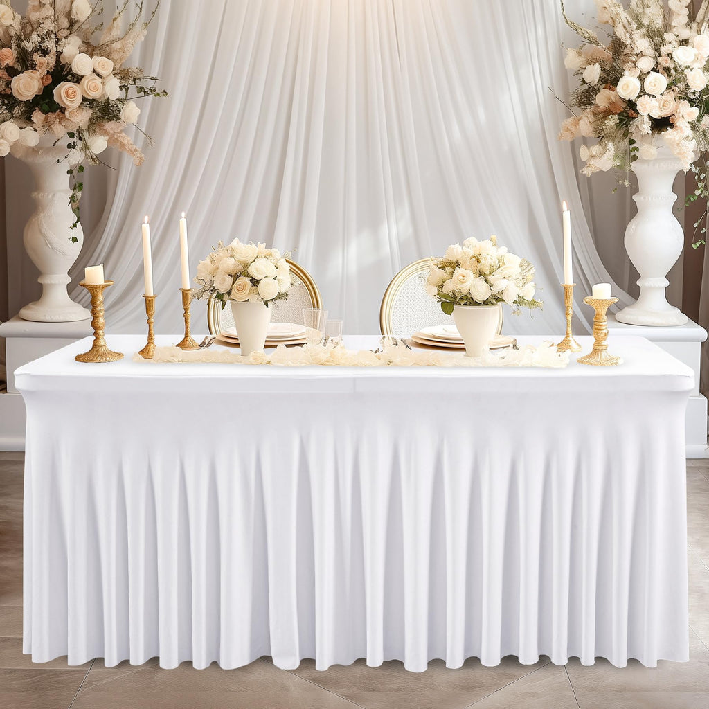 Care 12 Pack White Spandex Table Clothes for 6 Foot Rectangle Tables, 6FT Wrinkle Free Fitted Tablecloths Ruffles