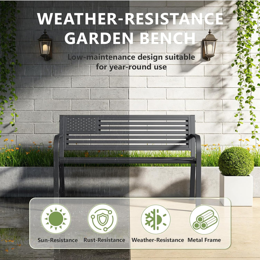 Outdoor Bench, Sturdy Metal Garden Bench with Classic Stars and Stripes Design Metal Backrest, 2-Person Patio Bench