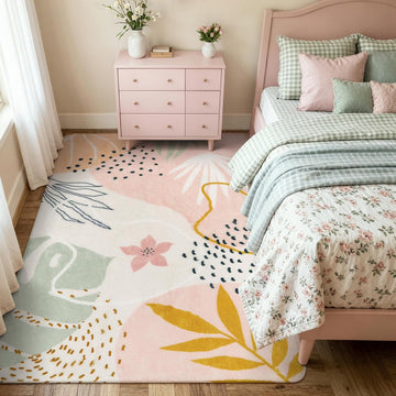Pink Boho Bedroom Rug 5x7, Washable Non Slip Soft Botanical Area Rug for Cozy Nursery Living Room Ap