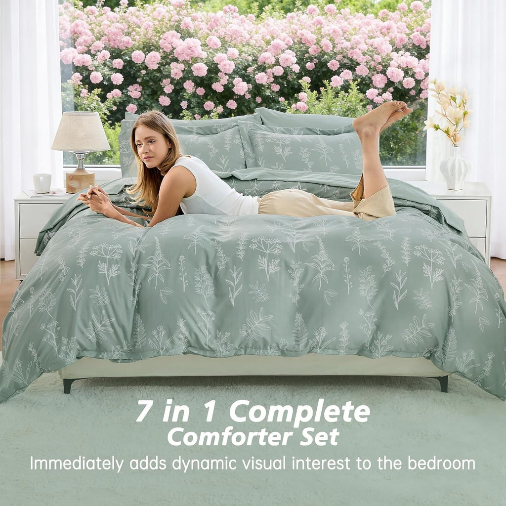 Full Comforter Set, Sage Green Elegant Floral Print Bed in a Bag 7 Pieces, Ultra Soft & Breathable Reversible - Set of 7